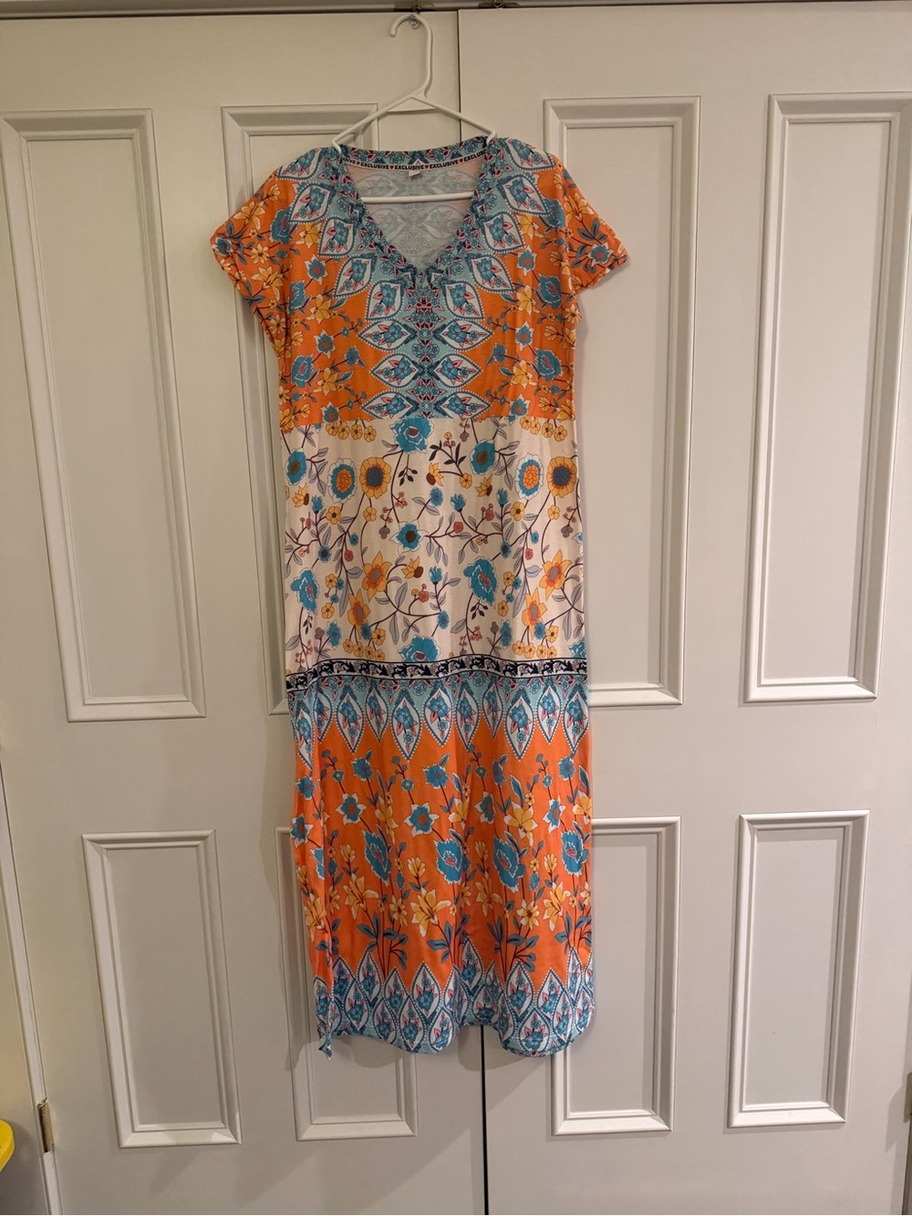 Boho Floral V-Neck Maxi Dress in Orange and Turquoise